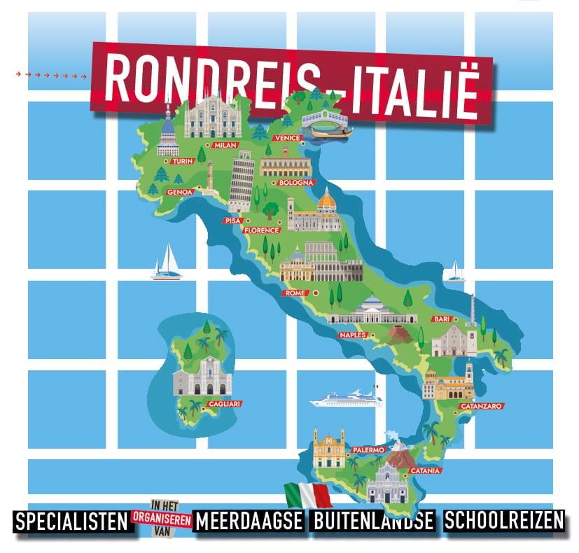 Kaart Italië met allerlei Italiaanse bestemmingen