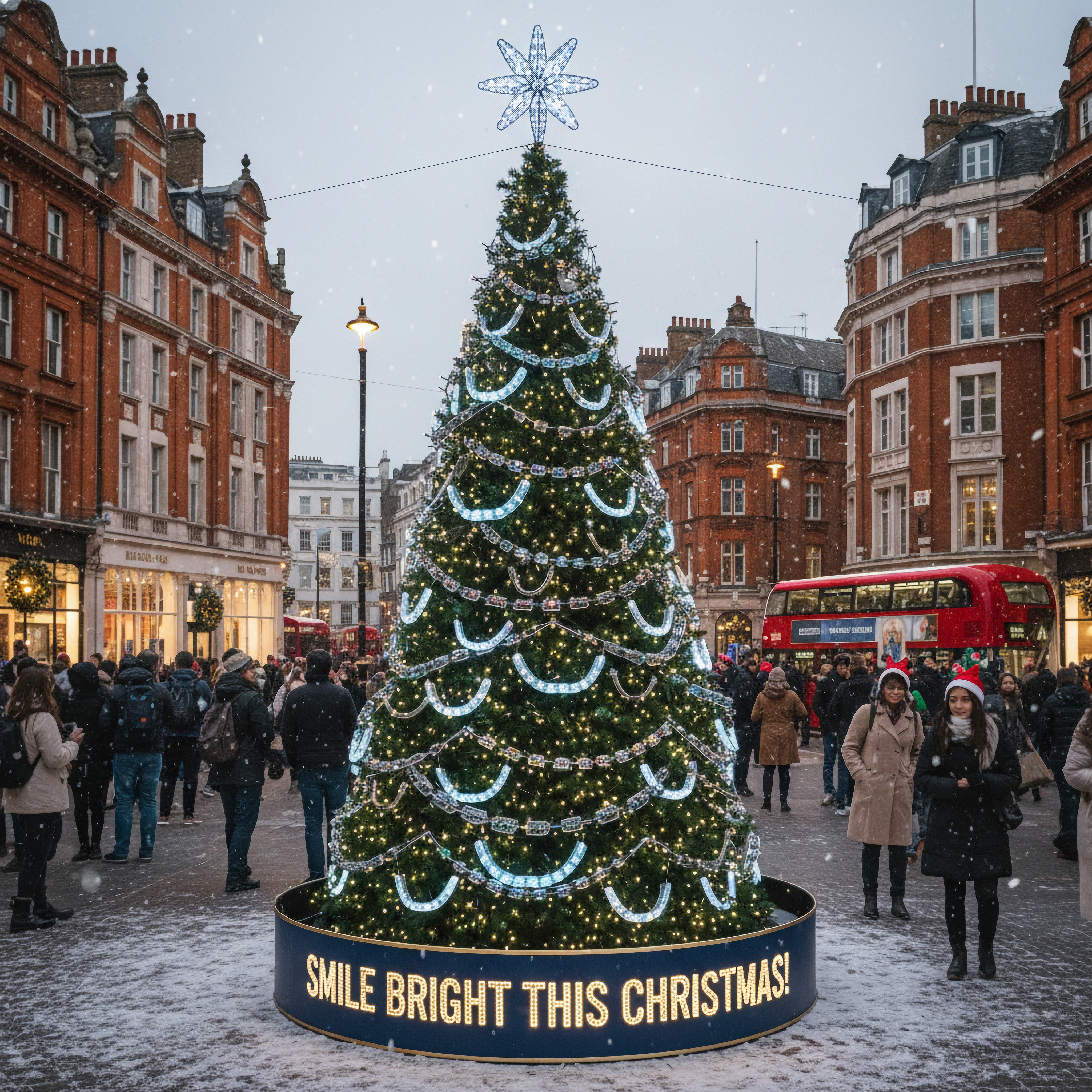London Christmas tree in Soho adorned with fixed orthodontic braces and clear aligners